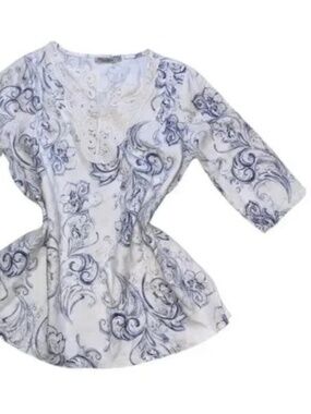 Women's 100% Linen Blue and White Boho Blouse